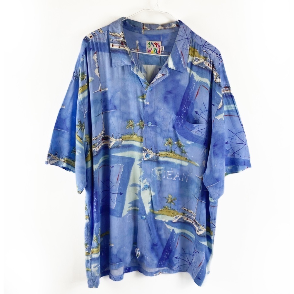Vtg Jams World Mens Catamaran Compass Ocean print Button Down Shirt size XXL
